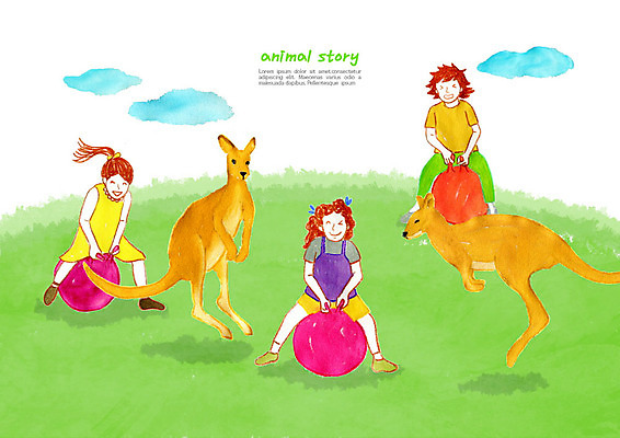 PSD 동물 행복 어린이 일러스트 동화 동물원 사랑 사람 소녀 소년 세명 친구 컬러풀 점프 즐거움 캥거루 어린이만 국내일러스트 여자 남자 감정 컬러 포유류 관계 모션 파일형식