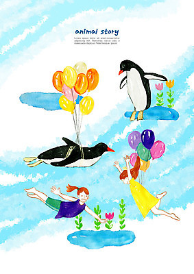PSD 동물 구름 행복 어린이 일러스트 하늘 동화 동물원 사랑 사람 소녀 두명 친구 컬러풀 비행 즐거움 펭귄 풍선 소녀만 국내일러스트 자연요소 여자 감정 컬러 관계 조류 여자만 어린이만 파일형식