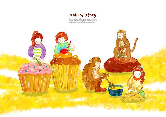PSD 동물 행복 어린이 일러스트 수업 동화 동물원 사랑 요리 사람 소녀 세명 친구 컬러풀 원숭이 즐거움 제빵 소녀만 국내일러스트 여자 교육 감정 컬러 포유류 관계 제과제빵 여자만 어린이만 파일형식