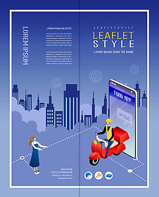 PSD 템플릿 표지디자인 북디자인 출판디자인 여자 표지 남자 리플렛 2단접지 북커버 이벤트 빌딩 팜플렛 성인 두명 파란색 스마트폰 오토바이 배달원 야식 주문 편리함 배달음식 이미지템플릿 직업 음식 컬러 컨셉 사람 건물 핸드폰 스마트기기 바이크 배달 파일형식