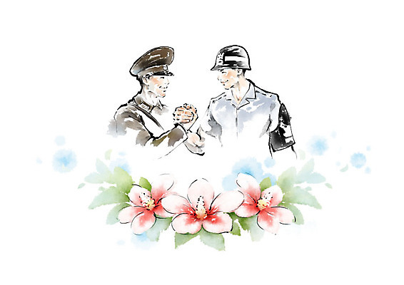 PSD 모자 남자 일러스트 캘리그라피 붓터치 한국 미소 사람 성인 두명 평화 손잡기 군인 사회이슈 군복 번짐 화합 무궁화 남한 북한 통일 국내일러스트 직업 잡화 꽃 아시아 컨셉 유니폼 모션 표정 국군 파일형식 효과