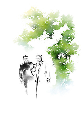 PSD 남자 일러스트 캘리그라피 붓터치 한국 사람 두명 평화 걷기 산책 숲 사회이슈 번짐 화합 한반도 남한 북한 통일 국내일러스트 아시아 컨셉 모션 휴식 파일형식 효과