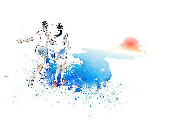 PSD 여자 파도 바다 일러스트 캘리그라피 붓터치 한국 사람 해변 두명 태양 평화 일출 사회이슈 번짐 화합 남한 북한 통일 국내일러스트 자연요소 아시아 컨셉 노을 파일형식 효과