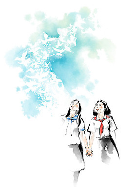 PSD 응시 여학생 교복 일러스트 캘리그라피 조류 붓터치 한국 사람 두명 친구 평화 손잡기 사회이슈 비둘기 번짐 화합 남한 북한 통일 국내일러스트 동물 학생 시선 옷 여자 아시아 컨셉 관계 모션 파일형식 효과