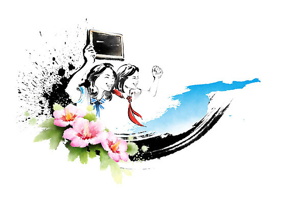 PSD 학생 여학생 교복 일러스트 캘리그라피 응원 붓터치 한국 사람 두명 태블릿 평화 사회이슈 번짐 화합 남한 북한 통일 국내일러스트 옷 여자 아시아 컨셉 전자제품 스마트기기 파일형식 효과