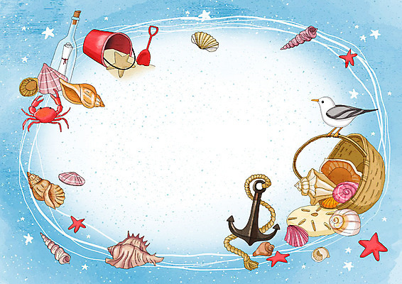 PSD 바다 백그라운드 일러스트 갈매기 불가사리 프레임 해변 사람없음 여름 파란색 모래사장 조개껍데기 소라 시원함 즐거움 모래놀이 프레임일러스트 국내일러스트 계절 감정 모래 컬러 놀이 조류 조개 어패류 극피동물 파일형식