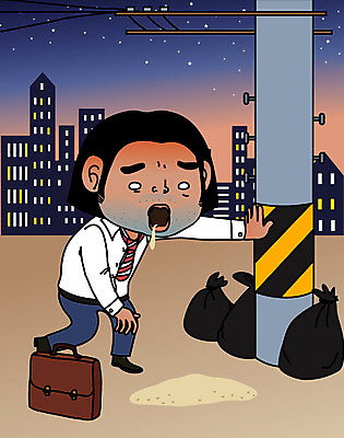 남자 일러스트 한명 성인 비즈니스라이프 비즈니스맨 야간 만취 전봇대 과음 구토 회식 성인남자한명만 국내일러스트 AI파일 자연요소 1 라이프스타일 공공시설 비즈니스 사람 식사 직장인 술취함 증상 남자한명만 성인남자만 파일형식 벡터