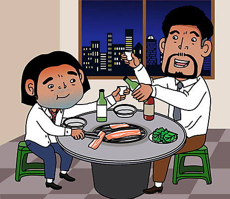 남자 일러스트 사람 성인 두명 비즈니스라이프 직장인 비즈니스맨 동료 퇴근 삼겹살 소주 술자리 회식 성인남자만 고깃집 국내일러스트 AI파일 직업 라이프스타일 비즈니스 관계 주류 돼지고기 식당 식사 출퇴근 남자만 성인만 파일형식 벡터