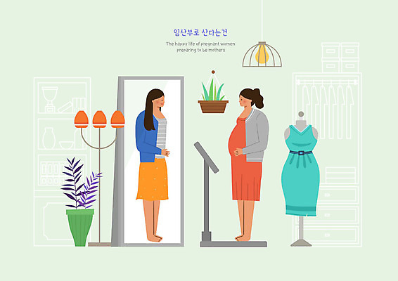 PSD 식물 원피스 여자 일러스트 상상 한명 사람 성인 마주보기 임산부 거울 슬픔 스탠드 장롱 마네킹 체중계 우울증 성인여자한명만 국내일러스트 1 옷 감정 가구 모션 조명 임신 질병 여자한명만 성인여자만 파일형식