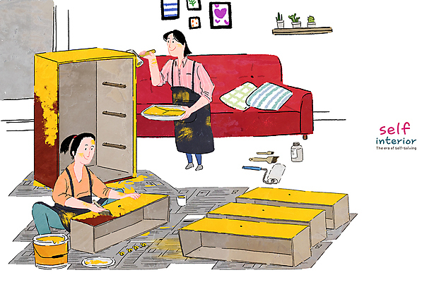 전신 PSD 여자 액자 일러스트 서기 들기 앉기 성인 두명 소파 앞치마 페인트 페인트칠 장롱 신문 페인트통 페인트붓 페인트롤러 리폼 성인여자만 셀프인테리어 자급자족라이프 국내일러스트 라이프스타일 가구 의자 모션 페인팅 통 사람 간행물 인테리어 붓 뉴스 여자만 성인만 파일형식