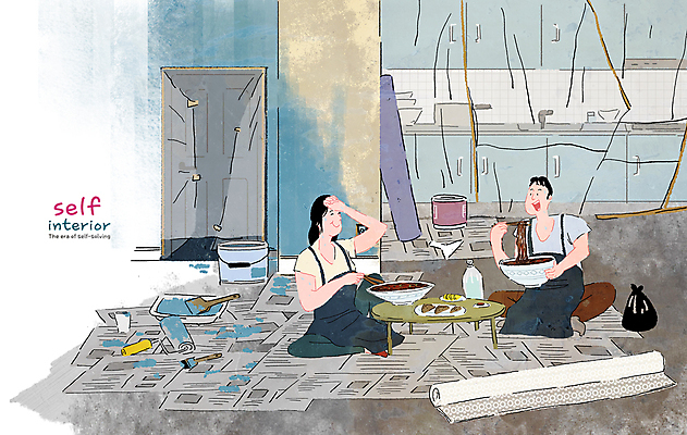 전신 PSD 여자 남자 행복 거실 일러스트 신혼부부 식탁 휴식 들기 앉기 성인 두명 문 주방 앞치마 페인트 신문 짜장면 먹기 페인트통 페인트롤러 배달음식 리모델링 성인만 셀프인테리어 자급자족라이프 국내일러스트 라이프스타일 부부 감정 음식 컨셉 모션 탁자 통 사람 간행물 인테리어 중식 뉴스 배달 신혼 파일형식