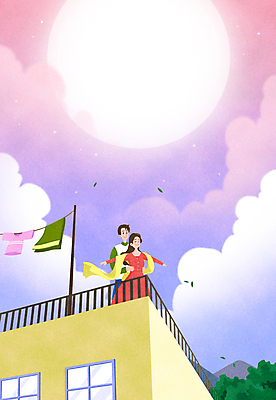 전신 PSD 구름 커플 여자 남자 일러스트 하늘 상반신 성인 두명 건물 보라색 보름달 옥상 영화 백허그 빨래대 빨랫감 패러디 성인만 국내일러스트 자연요소 건축물 컬러 관계 포옹 문화예술 사람 달 빨래 파일형식