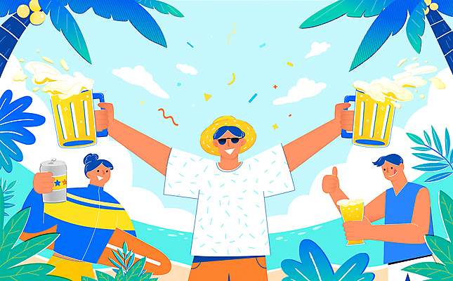 여자 남자 바다 하늘색 일러스트 하늘 맥주 들기 상반신 성인 세명 여름 여름휴가 바캉스 선글라스 야자수 최고 서핑보드 시원함 밀짚모자 맥주잔 캔맥주 서퍼 맥주거품 성인만 트로피컬아트 여름축제 국내일러스트 AI파일 나무 모자_잡화 계절 안경 술잔 모션 휴가 운동선수 주류 사람 파란색 축제 거품 보드_스포츠 캔 그림 파일형식 벡터 여름_계절