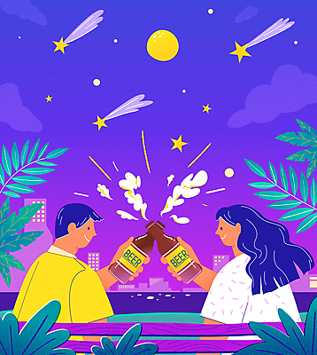 커플 여자 남자 별 잎 야경 일러스트 밤하늘 병맥주 들기 상반신 성인 두명 여름 여름휴가 바캉스 보라색 보름달 도시 유성 시원함 건배 맥주병 성인만 트로피컬아트 여름축제 국내일러스트 AI파일 자연요소 식물 계절 컬러 관계 모션 하늘 술병 휴가 맥주 사람 축제 달 야간 그림 파일형식 벡터 여름_계절 풍경_경치