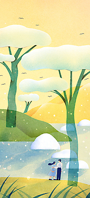 전신 PSD 나무 부부 커플 여자 남자 호수 일러스트 조류 서기 풍경 초원 성인 두명 여름 돌_바위 시골 성인만 국내일러스트 식물 동물 계절 관계 모션 사람 파일형식