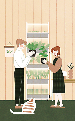 전신 PSD 한마리 여자 남자 채소 일러스트 실내 들기 성인 두명 마주보기 농사 꽃병 고양이 도시 상추 강낭콩 성인만 홈파밍 자급자족라이프 국내일러스트 1 라이프스타일 꽃 농업 포유류 모션 콩 사람 내부 반려동물 파일형식