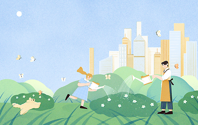 전신 PSD 한마리 여자 남자 꽃 반려견 어린이 나비 일러스트 하늘 들기 소녀 빌딩 성인 두명 여름 정원 앞치마 물뿌리개 도시 강아지 물주기 정원가꾸기 국내일러스트 식물 1 계절 곤충 모션 사람 건물 반려동물 개 원예 파일형식