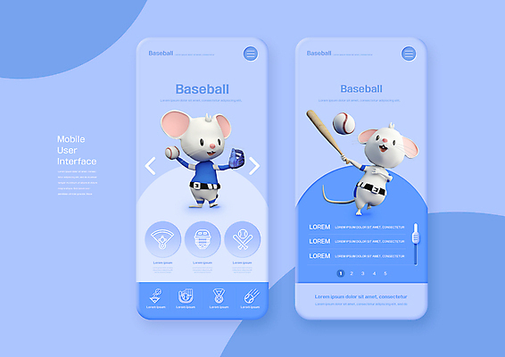 PSD 편집이미지 하늘색 두마리 모바일 3D캐릭터 사람없음 야구 야구방망이 타자 야구글러브 어플리케이션 야구공 투수 쥐캐릭터 야구복 온라인 UI 인터페이스 흰쥐 이미지편집 캐릭터 동물캐릭터 2 공 파란색 운동복 구기 야구용품 글러브 야구선수 쥐 파일형식