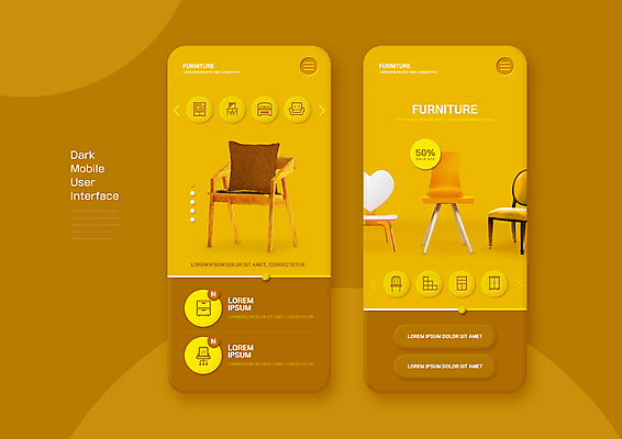 PSD 편집이미지 의자 모바일 사람없음 노란색 세일 하트 어플리케이션 온라인 UI 온라인쇼핑몰 인터페이스 스토어 이미지편집 모양 컬러 가구 쇼핑몰 파일형식