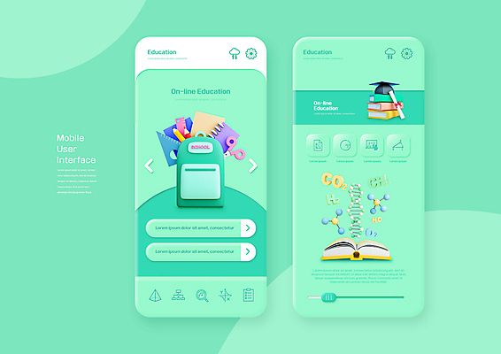 PSD 편집이미지 교육 학사모 모바일 학용품 책가방 자 사람없음 책 공책 어플리케이션 원자 온라인 가위질 원소기호 UI 민트색 인터페이스 화학기호 이미지편집 모자_잡화 기호 컬러 가방 졸업 문구용품 가위_도구 파일형식