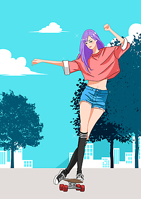 전신 PSD 나무 구름 여자 일러스트 하늘 한명 성인 취미 건물 스케이트보드 승차 성인여자한명만 롱보드 국내일러스트 자연요소 식물 1 건축물 모션 사람 보드_스포츠 여자한명만 성인여자만 파일형식