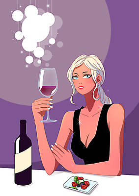 PSD 여자 와인잔 일러스트 조명 한명 들기 상반신 성인 취미 와인 보라색 안주 와인병 성인여자한명만 국내일러스트 1 컬러 술잔 모션 병_용기 주류 사람 여자한명만 성인여자만 파일형식