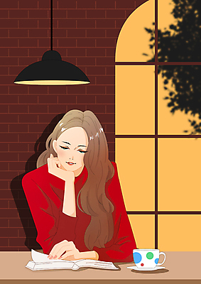 PSD 여자 커피 일러스트 창문 조명 그림자 한명 상반신 성인 취미 책 독서 눈감음 턱괴기 카페 커피잔 성인여자한명만 국내일러스트 1 음료 모션 잔 사람 상점 여자한명만 성인여자만 파일형식