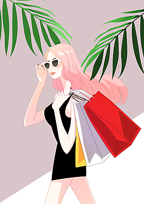 PSD 여자 잎 일러스트 한명 들기 상반신 성인 취미 쇼핑 선글라스 쇼핑백 미니원피스 성인여자한명만 국내일러스트 식물 1 원피스 안경 가방 모션 사람 여자한명만 성인여자만 파일형식