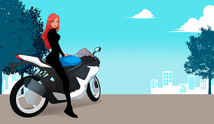 전신 PSD 나무 구름 여자 일러스트 하늘 한명 성인 취미 건물 바이크 오토바이 뒤돌아보기 승차 바이크레이서 성인여자한명만 국내일러스트 자연요소 식물 1 건축물 육상교통 모션 사람 여자한명만 성인여자만 파일형식