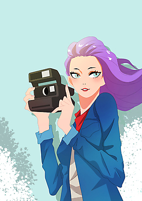 PSD 여자 일러스트 나뭇잎 한명 들기 상반신 성인 취미 카메라 사진촬영 사진사 폴라로이드 성인여자한명만 국내일러스트 1 잎 모션 사람 전자제품 촬영 작가 여자한명만 성인여자만 파일형식