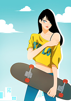 PSD 구름 여자 하늘색 일러스트 한명 들기 상반신 성인 취미 잡기 스케이트보드 성인여자한명만 국내일러스트 자연요소 1 모션 사람 파란색 보드_스포츠 여자한명만 성인여자만 파일형식