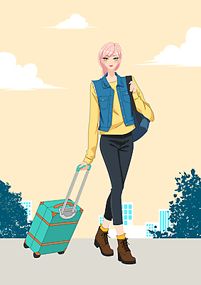전신 PSD 구름 여자 여행 가방 일러스트 한명 서기 들기 성인 취미 건물 캐리어 잡기 성인여자한명만 국내일러스트 자연요소 1 건축물 잡화 모션 사람 여행가방 여자한명만 성인여자만 파일형식