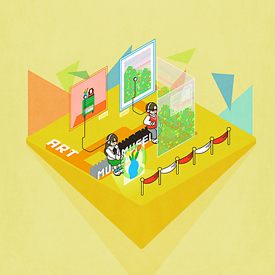 전신 PSD 여자 남자 일러스트 앉기 성인 두명 노란색 헤드셋 확대 미술관 전시회 작품 아이소메트릭 홀로그램 아바타 가상현실 성인만 VR기기 메타버스 국내일러스트 컬러 음향기기 모션 미술 사람 헤드폰 기계 전시 파일형식