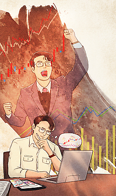 PSD 남자 일러스트 성공 앉기 상반신 성인 두명 노트북 턱괴기 기쁨 꿈 주식 책상 분석 노력 소원 소원성취 주식투자 주식표 성인남자만 국내일러스트 감정 가구 컨셉 모션 사람 금융 전자제품 투자 남자만 성인만 파일형식