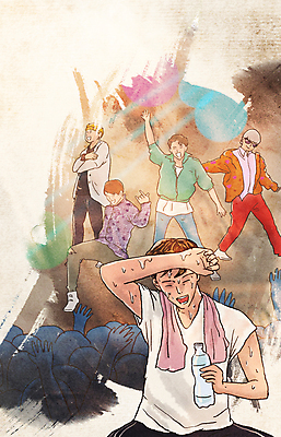 전신 PSD 남자 일러스트 성공 서기 들기 여러명 상반신 성인 공연 꿈 무대 춤 군중 생수 연습 땀 노력 소원 소원성취 아이돌 성인남자만 연습생 국내일러스트 다수 컨셉 모션 문화예술 사람 이벤트 물병 연예인 남자만 성인만 파일형식