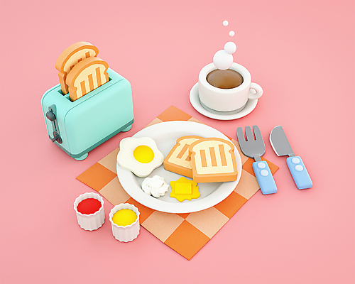 PSD 편집 편집이미지 접시 커피 분홍색 포크 사람없음 3D 귀여움 식탁보 나이프 아침식사 커피잔 계란프라이 케첩 머스터드 컵받침 크림 디지털합성 토스트 버터 토스트기 편집소스 편집3D 식기 음료 빵 컬러 컨셉 잔 식사 가전제품 소스_음식 칼 계란요리 받침대 파일형식
