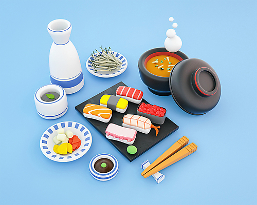 PSD 편집 편집이미지 접시 하늘색 술잔 술병 사람없음 3D 귀여움 국그릇 고추냉이 디지털합성 단무지 간장 문어 모듬초밥 락교 사케 나무젓가락 장국 계란초밥 무채 새우초밥 생강초절임 연어초밥 일본음식 편집소스 편집3D 그릇 식기 음식 컨셉 젓가락 병_용기 잔 새우 연체동물 주류 파란색 수중동물 초밥 양념 국 연어 모듬 절임 염교 파일형식