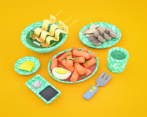 PSD 편집 편집이미지 접시 포크 사람없음 노란색 3D 귀여움 국그릇 떡볶이 분식 어묵꼬치 물컵 디지털합성 단무지 간장 순대 편집소스 편집3D 그릇 식기 음식 컬러 컨셉 컵 양념 꼬치 어묵 파일형식