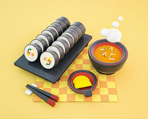 PSD 편집 편집이미지 접시 젓가락 사람없음 노란색 3D 귀여움 식탁보 국그릇 분식 디지털합성 김밥 단무지 장국 편집소스 편집3D 그릇 식기 음식 컬러 컨셉 수저 국 파일형식