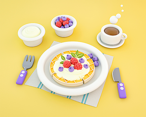 PSD 편집 편집이미지 접시 커피 포크 사람없음 노란색 3D 귀여움 식탁보 나이프 커피잔 컵받침 크림 디지털합성 블루베리 와플 편집소스 편집3D 식기 음료 컬러 컨셉 과일 디저트 잔 칼 받침대 파일형식