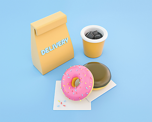 PSD 편집 편집이미지 하늘색 사람없음 종이봉투 3D 귀여움 화장지 도넛 디지털합성 콜라 배달음식 사각티슈 테이크아웃컵 스프링클 편집소스 음식배달 편집3D 음식 컨셉 디저트 봉투 장식 컵 파란색 배송 배달 탄산음료 파일형식