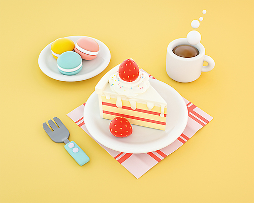 PSD 편집 편집이미지 접시 커피 포크 디저트 사람없음 노란색 3D 귀여움 케이크 식탁보 조각케이크 커피잔 디지털합성 마카롱 편집소스 편집3D 식기 음료 음식 컬러 컨셉 잔 파일형식