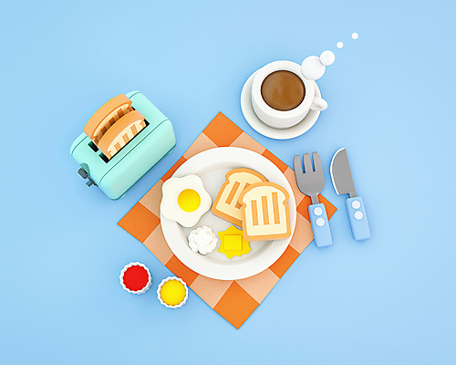 PSD 편집 편집이미지 접시 커피 하늘색 포크 사람없음 3D 귀여움 식탁보 나이프 아침식사 커피잔 계란프라이 케첩 머스터드 컵받침 크림 디지털합성 토스트 버터 토스트기 편집소스 편집3D 식기 음료 빵 컨셉 잔 파란색 식사 가전제품 소스_음식 칼 계란요리 받침대 파일형식