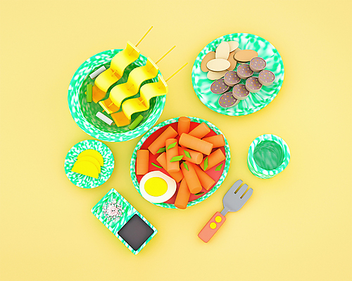 PSD 편집 편집이미지 접시 포크 사람없음 노란색 3D 귀여움 국그릇 어묵 떡볶이 분식 물컵 디지털합성 단무지 간장 순대 편집소스 편집3D 그릇 식기 음식 컬러 컨셉 컵 양념 파일형식