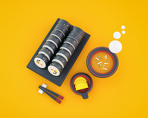 PSD 편집 편집이미지 접시 젓가락 사람없음 노란색 3D 귀여움 국그릇 분식 디지털합성 김밥 단무지 장국 편집소스 편집3D 그릇 식기 음식 컬러 컨셉 수저 국 파일형식