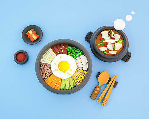 PSD 편집 편집이미지 한식 하늘색 젓가락 김치 사람없음 3D 귀여움 숟가락 고추장 디지털합성 뚝배기 비빔밥 깨 편집소스 편집3D 음식 컨셉 식재료 수저 파란색 양념 조미료 파일형식