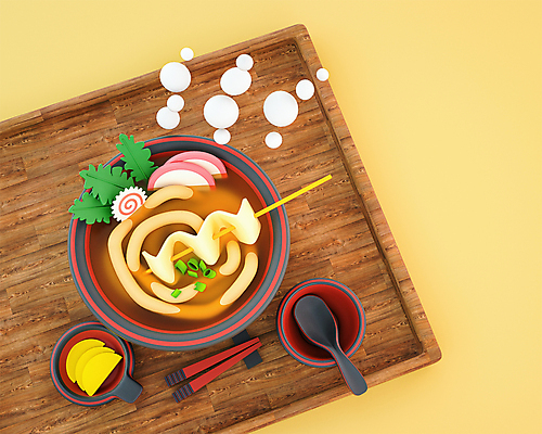 PSD 편집 편집이미지 그릇 젓가락 사람없음 노란색 3D 귀여움 숟가락 어묵꼬치 디지털합성 단무지 우동 나무쟁반 편집소스 편집3D 식기 컬러 컨셉 쟁반 수저 목재 면류 꼬치 어묵 일본음식 파일형식