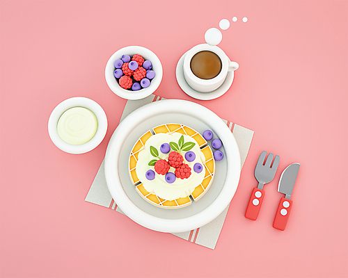 PSD 편집 편집이미지 접시 커피 분홍색 포크 사람없음 3D 귀여움 식탁보 나이프 커피잔 컵받침 크림 디지털합성 블루베리 와플 편집소스 편집3D 식기 음료 컬러 컨셉 과일 디저트 잔 칼 받침대 파일형식