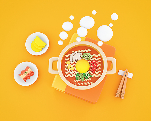 PSD 편집 편집이미지 접시 김치 사람없음 책 노란색 3D 귀여움 라면 분식 디지털합성 단무지 나무젓가락 양은냄비 편집소스 편집3D 식기 한식 음식 컬러 컨셉 젓가락 면류 냄비 파일형식