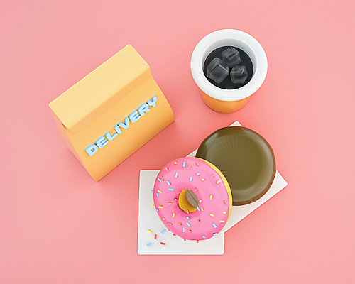 PSD 편집 편집이미지 분홍색 사람없음 종이봉투 3D 귀여움 화장지 도넛 디지털합성 콜라 배달음식 사각티슈 테이크아웃컵 스프링클 편집소스 음식배달 편집3D 음식 컬러 컨셉 디저트 봉투 장식 컵 배송 배달 탄산음료 파일형식